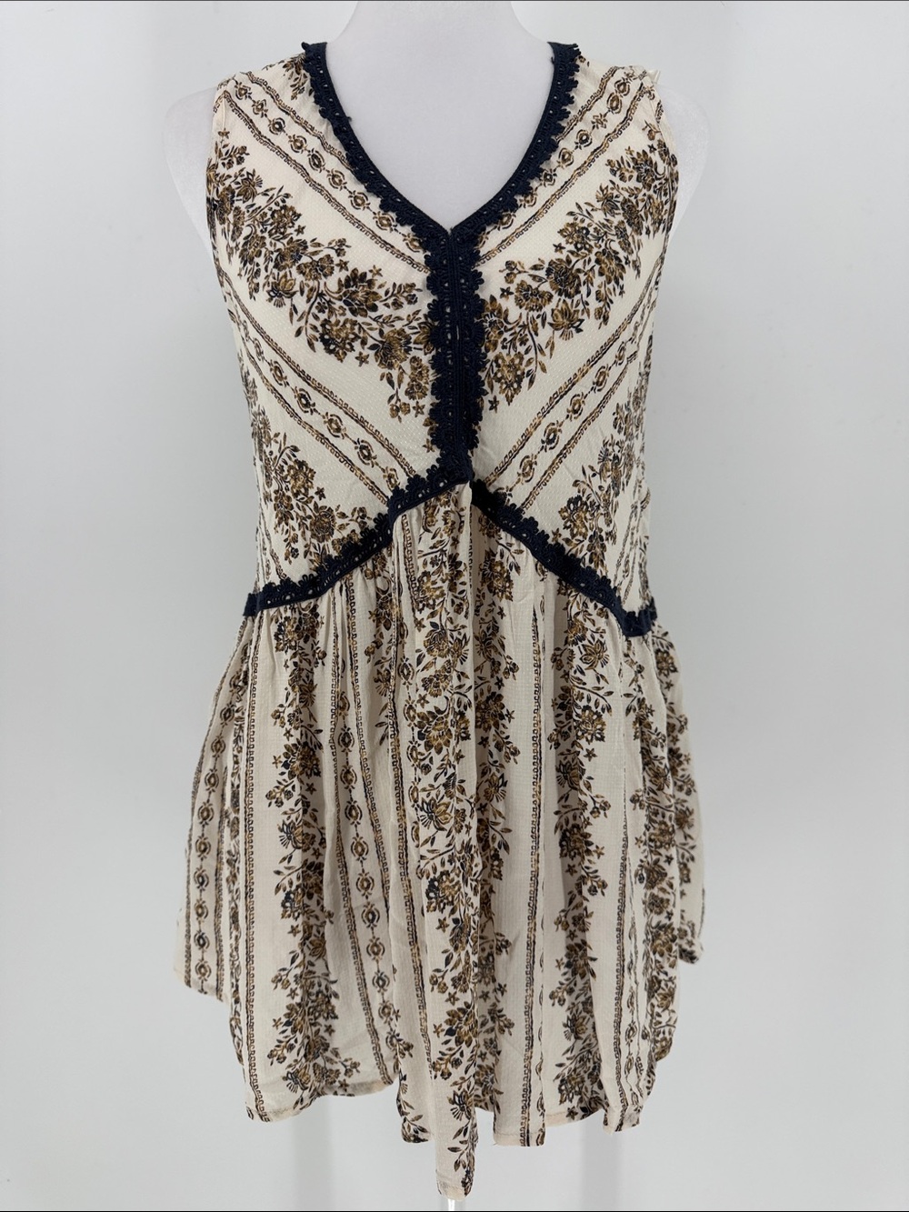 NWT Knox Rose Boho Floral Babydoll Mini Dress Cream Navy Brown Size S